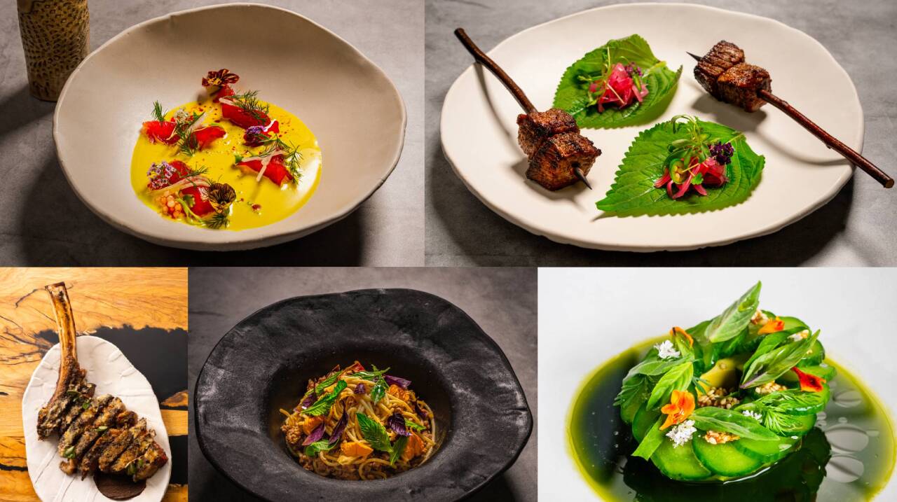 From left to right: Tuna crudo, Tri-Tip Kabob, Wagyu Tomahawk Ribeye, Lamb Ragu with Mesquite Noodles and Avocado Aguachili.