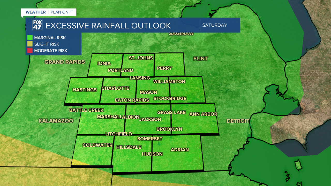 Slight risk for excessive rainfall inches closer to the most southern portion of Mid-Michigan as localized ponding remains possible Saturday