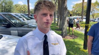 Jared Scarpato, a freshman aviation student at Lynn University, speaks about witnessing a fatal plane crash in Boca Raton on April 11, 2025.