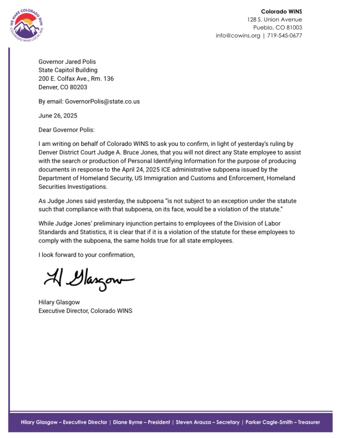 Colorado WINS letter to Polis