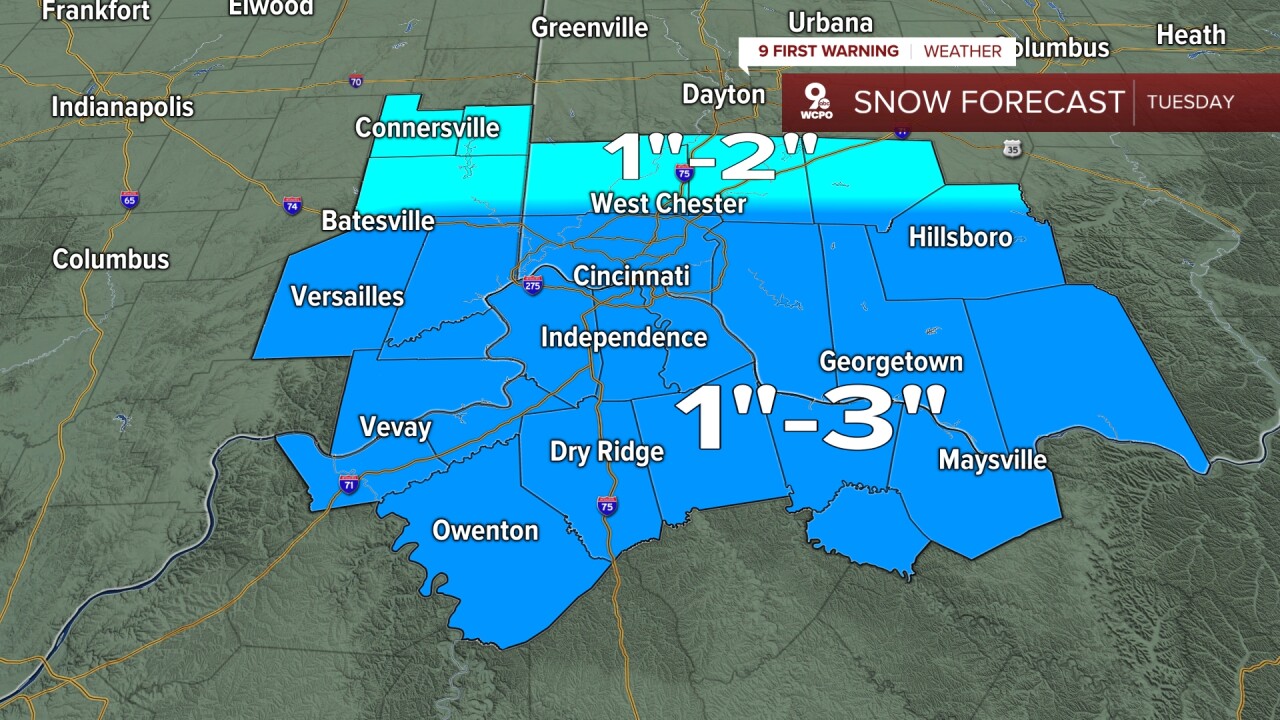 Snowfall forecast for Tuesday