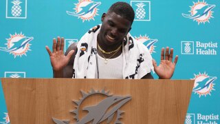 Miami Dolphins wide receiver Tyreek Hill speaks during a news conference at the NFL football team's training camp, Tuesday, July 22, 2025, in Miami Gardens, Fla. 