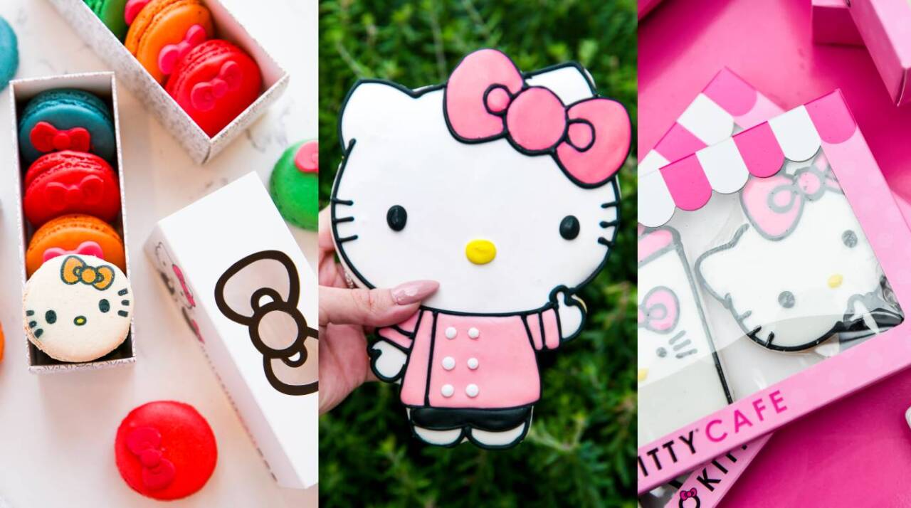 Featured treats:, Signature Macaron Set, the Giant Hello Kitty Cookie and the 3-pc Cookie Set.