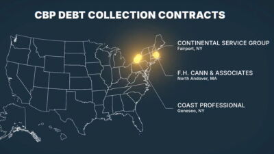 A map of the U.S. showing the locations of three companies contracted by the Department of Homeland Security to collect debts from immigrants.