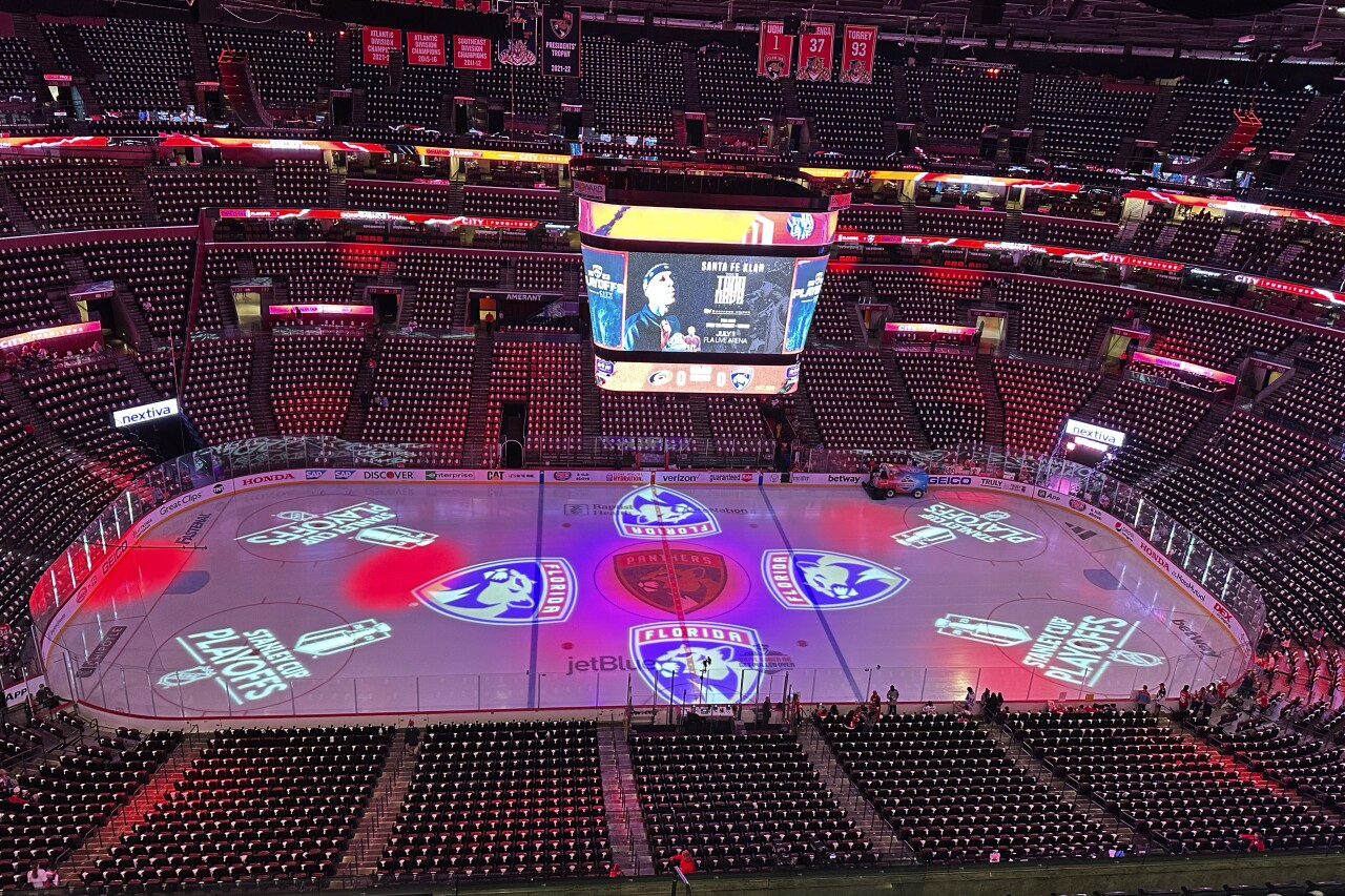 View of ice before start of Game 3 of NHL Eastern Conference Final at FLA Live Arena, May 22, 2023