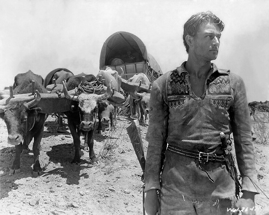 A production still from "The Big Trail," showing a young John Wayne standing in front of a team of oxen pulling a covered wagon in the desert. The photo is in black and white.
