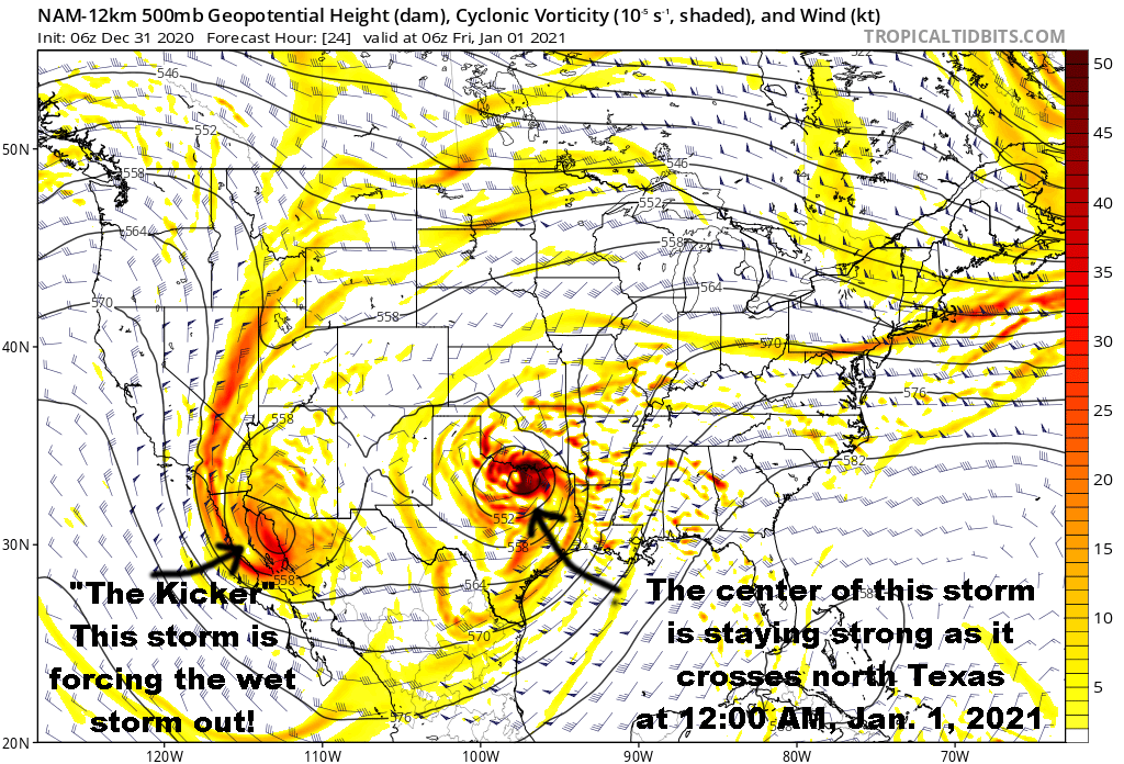 Upper Level Flow (500 mb level) Valid At Midnight, The First Moment Of 2021