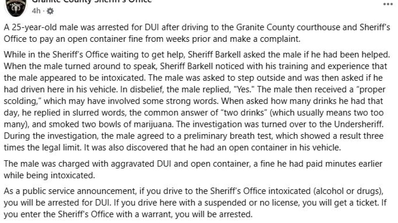 Man arrested for DUI after driving to Sheriff's Office to pay fine