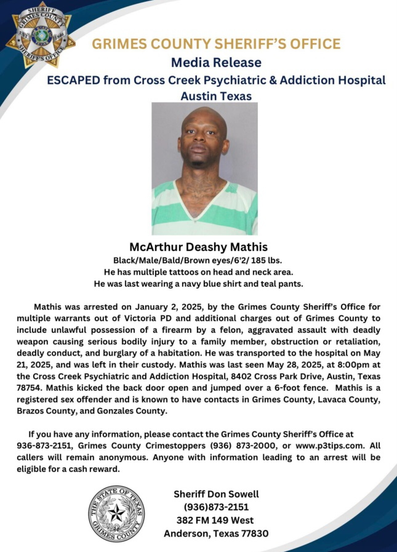 Grimes County inmate escapes Austin facility, on the run