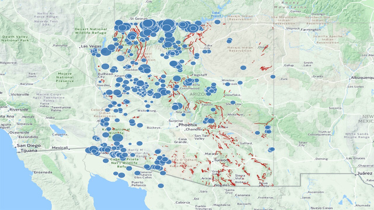 MAP Earthquakes in AZ since 1970