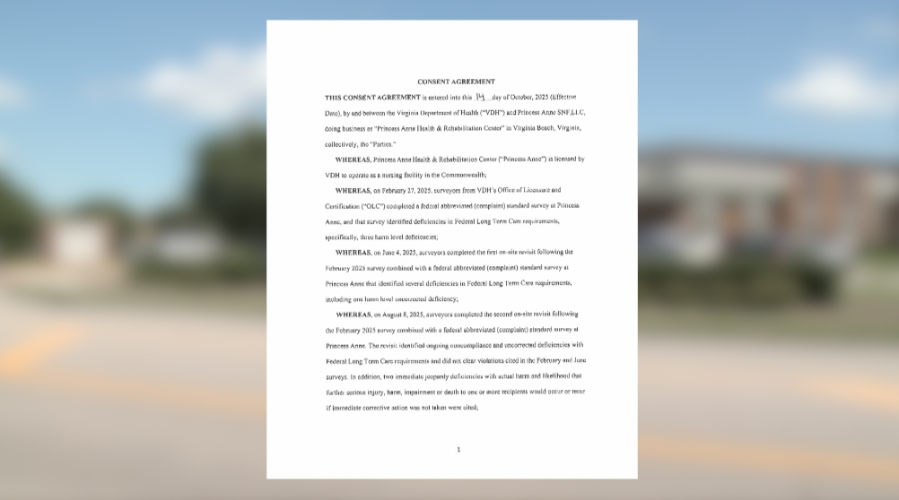 Virginia Beach nursing facility still operating under state consent agreement