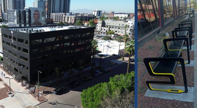 Rainbow Road apartment complex exterior featuring its bike racks outside.