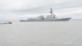 The USS Nitze departs Naval Station Norfolk.