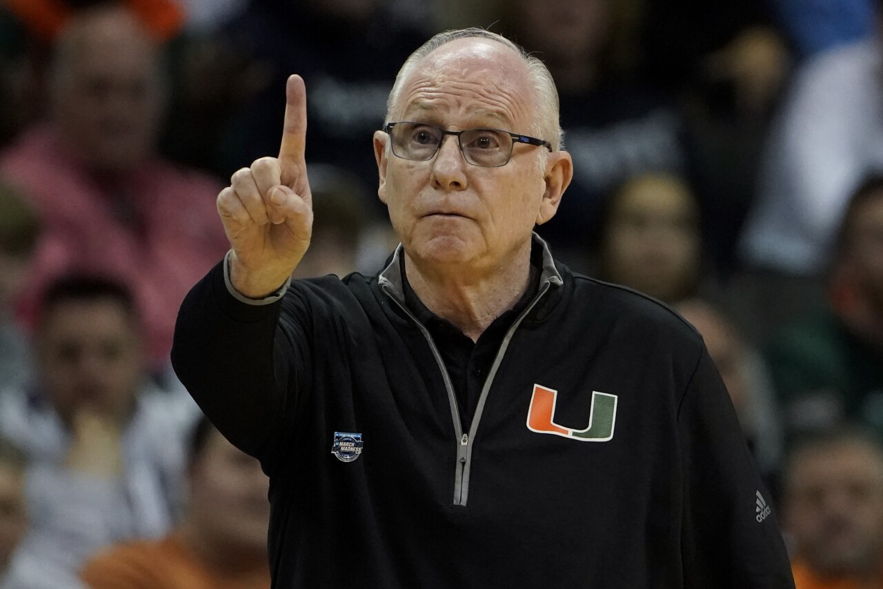 Miami Hurricanes head coach Jim Larranaga gestures during first half of Sweet 16 of NCAA tournament, March 24, 2023