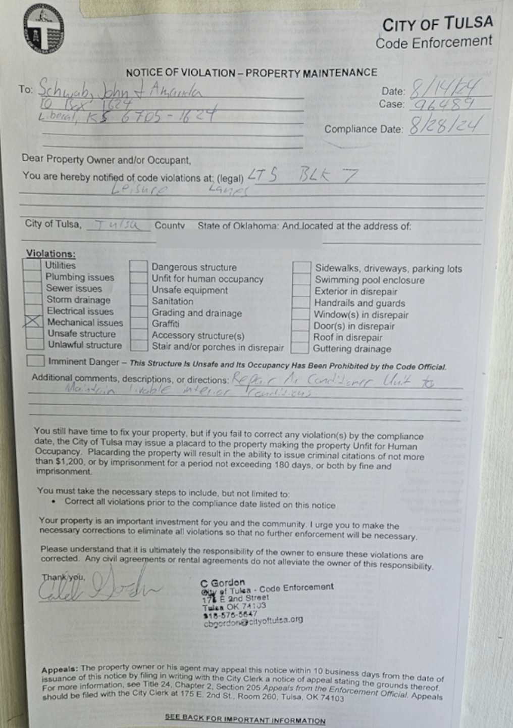 Brandi Maynard Code Enforcement No AC Citation.png