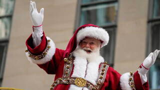 Macy's Santa Claus reacts as he rides on Santa's Sleigh during the Macy's Thanksgiving Day Parade, Thursday, Nov. 27, 2025, in New York. 