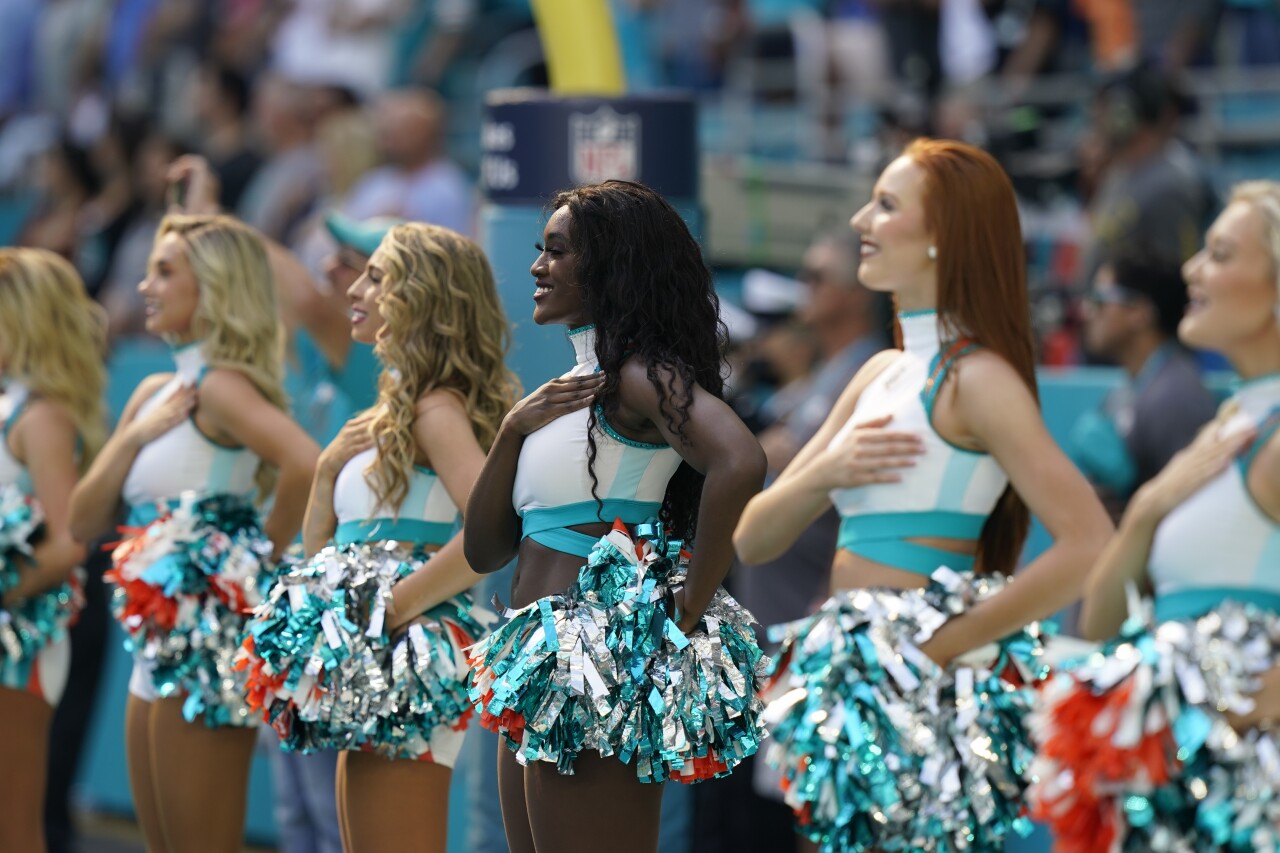 Miami Dolphins cheerleaders during national anthem in November 2021