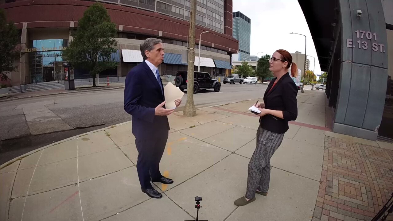 Cleveland Law Director Mark Griffin talks to News 5 reporter Michelle Jarboe about the future of Reserve Square, in the background.