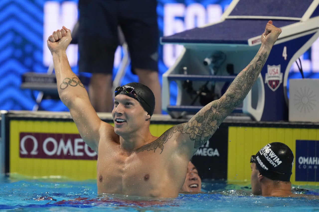 Caeleb Dressel celebrates after winning 50-meter freestyle at US Olympic Swim Trials, June 20, 2021