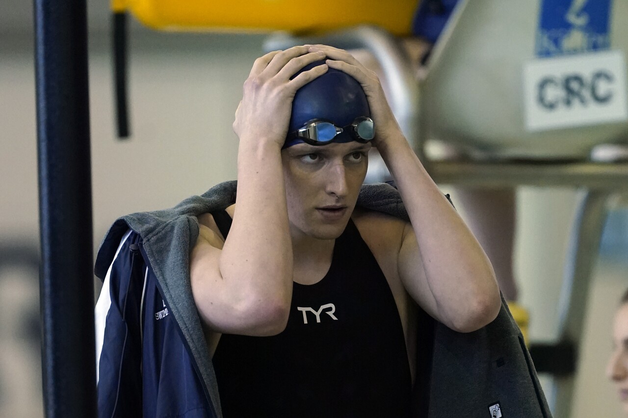 Transgender swimmer Lia Thomas waits for preliminary heat, March 17, 2022