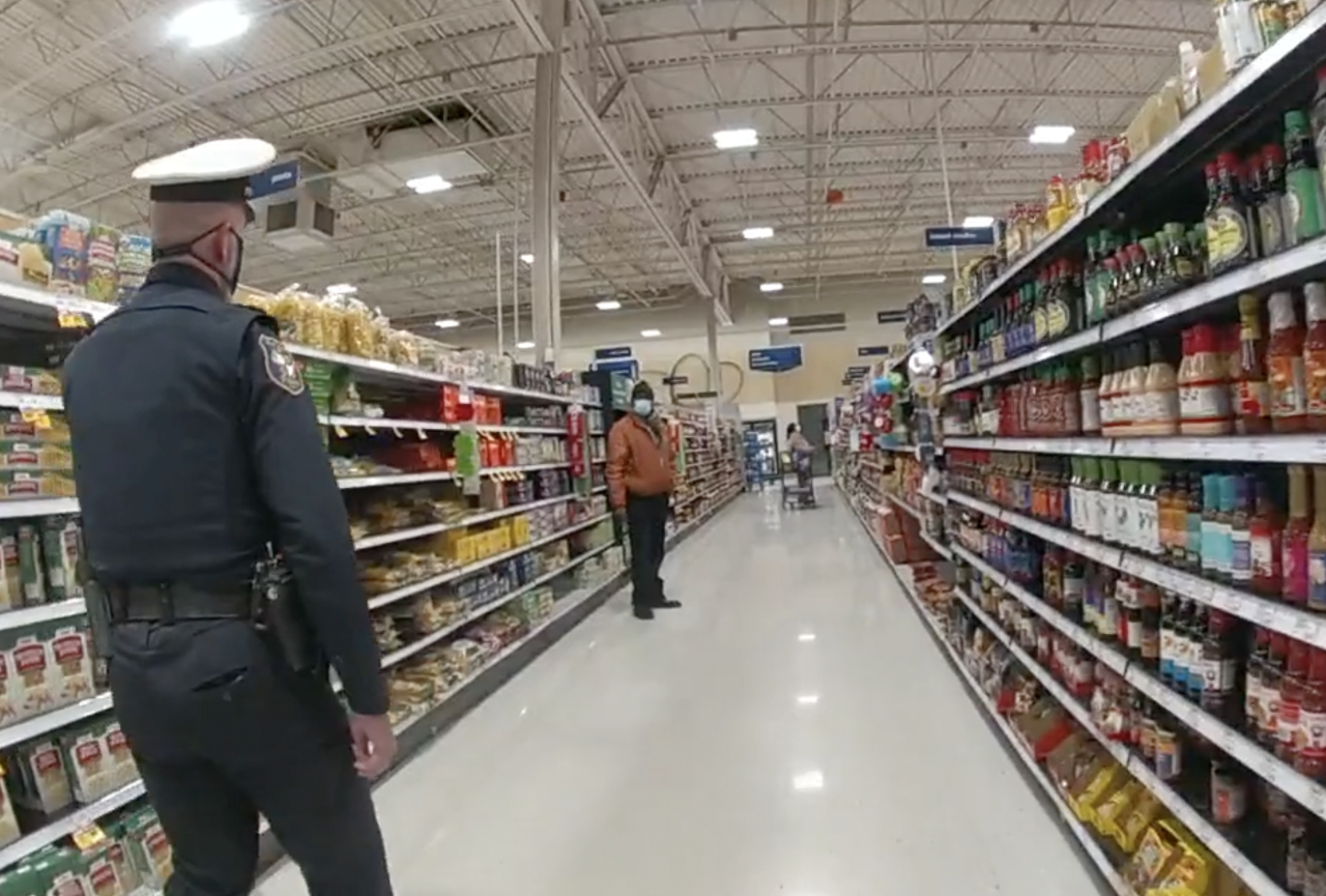 West Chester Police Officer Tim Mintkenbaugh approaches a Black man, Eric Lindsay, for questioning in a shoplifting investigation even though the suspect was described as a white man wearing clothing of a different type and color. 