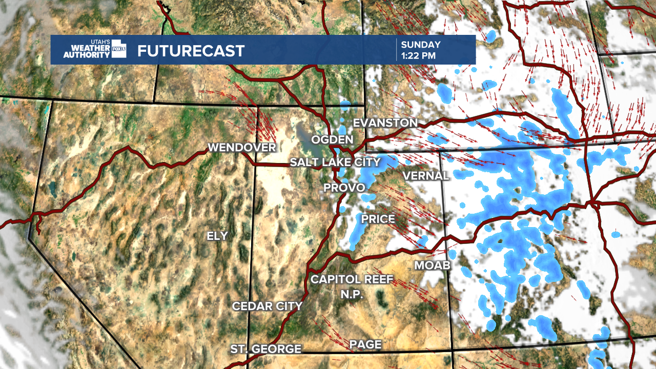 Graphics from the FOX 13 Weather Center showing the path of a weather pattern. Much of the activity is east of the state, with a weak system moving through Utah near Salt Lake, Vernal, and along the border with Wyoming and Colorado.