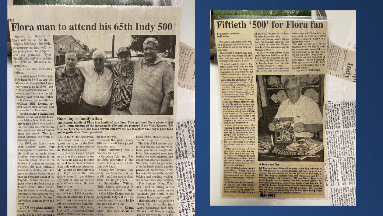 Newspaper clippings of Bill Kearns Indy 500 attendance milestones