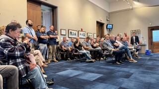 An overflow crowd packs the Cleveland City Council committee room for a discussion about data centers.