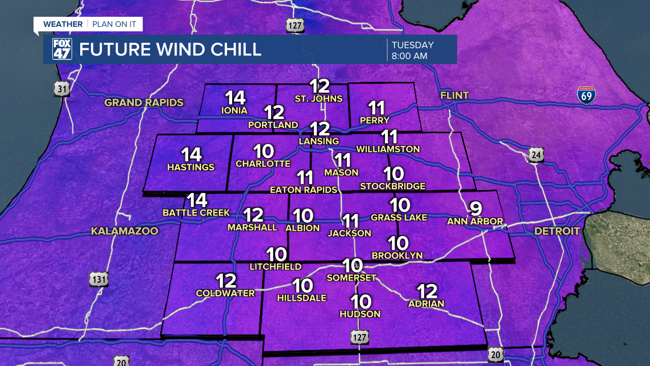 Wind chills down in the teens Monday night into Tuesday morning as winds turn out of the north following a cold front