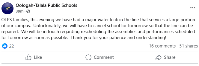Oologah-Talala Public Schools cancel classes on Monday, November 11, for water leak repairs