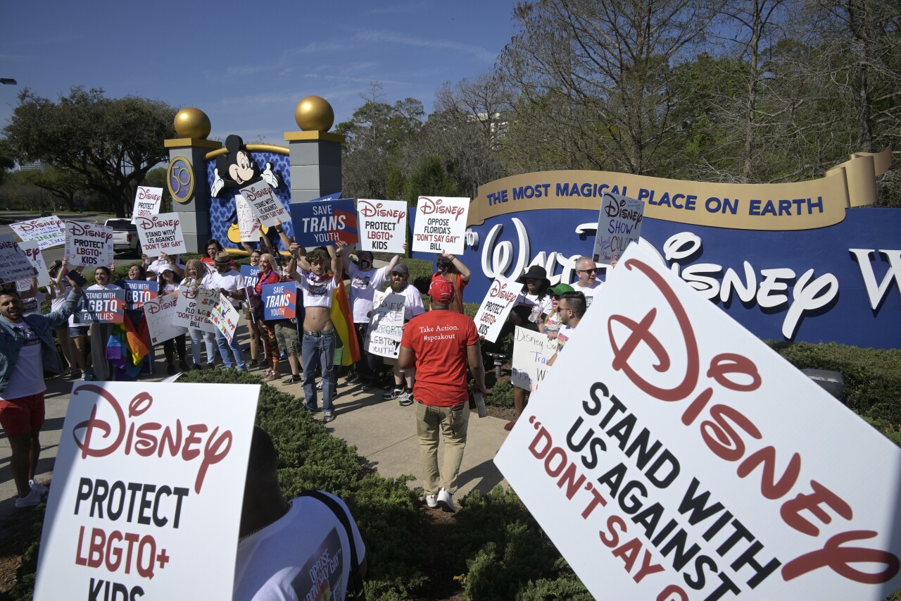 Disney Speak Out Against Florida's 'Don't Say Gay' sign outside Walt Disney World