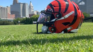 Cincinnati Bengals helmet against the city skyline