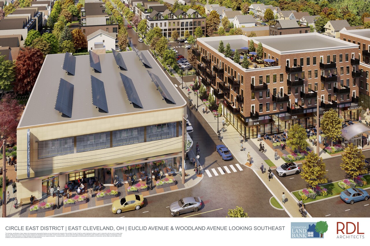 An aerial rendering shows potential development in the Circle East district.