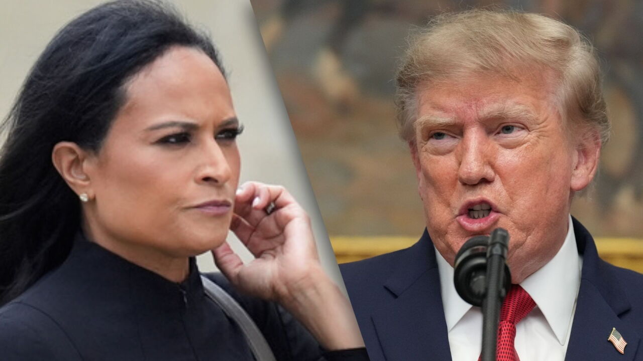 This combination of images show NBC's Kristen Welker, left, and President Donald Trump.