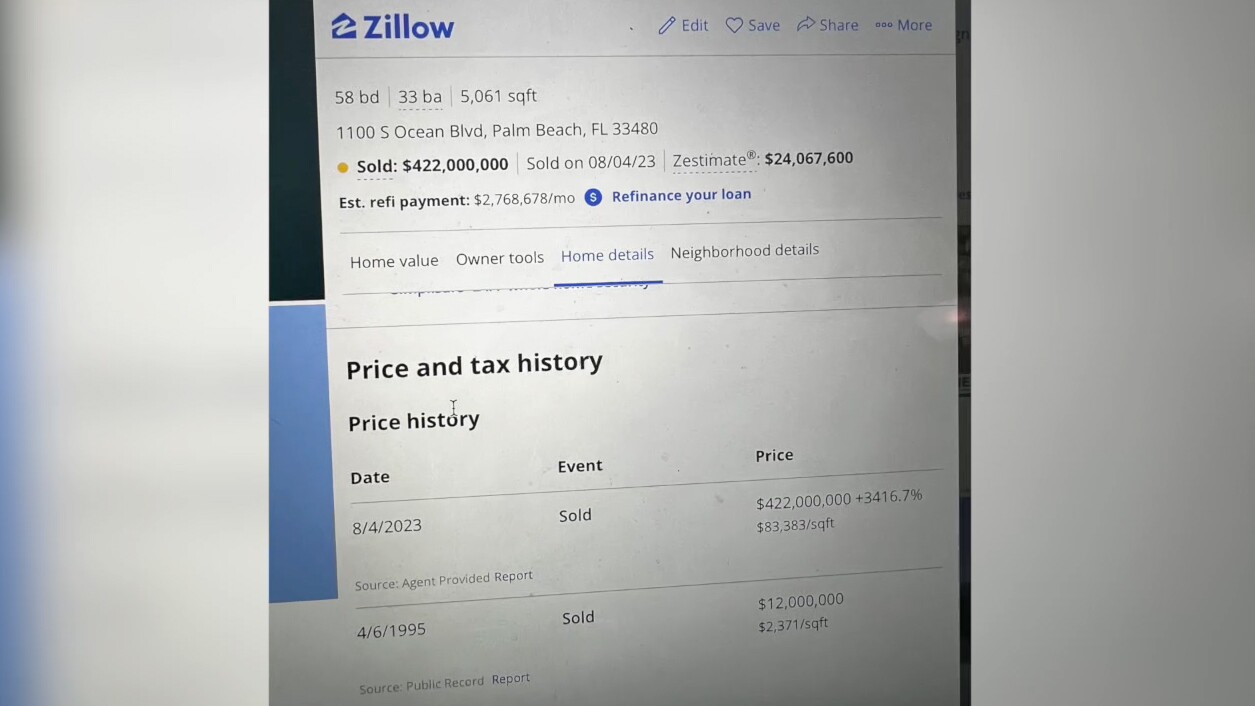 A now-deleted Zillow post on Aug. 25, 2023, showed that Mar-a-Lago was sold for more than $400 million.