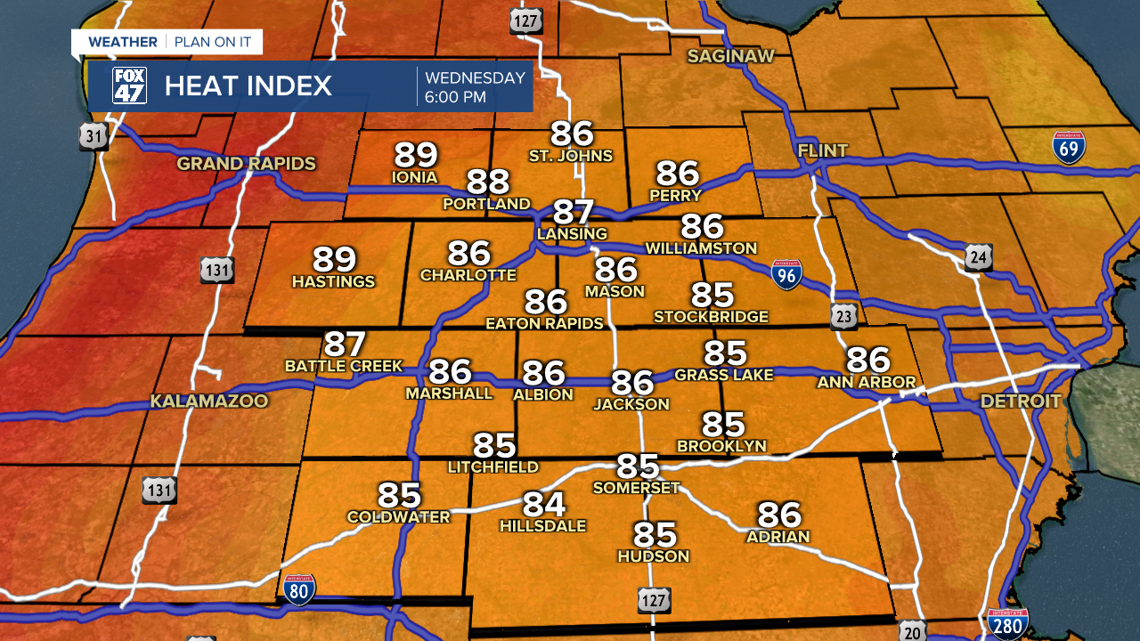 Heat index values soar into the 80's on Wednesday and into the 90's on Thursday