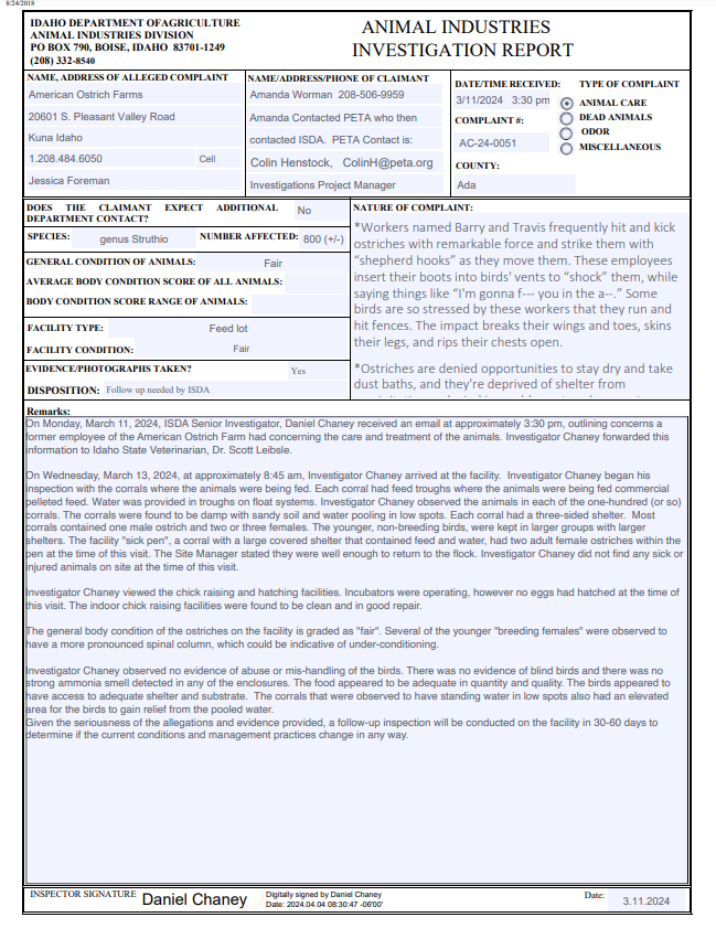ISDA report of American Ostrich Farms