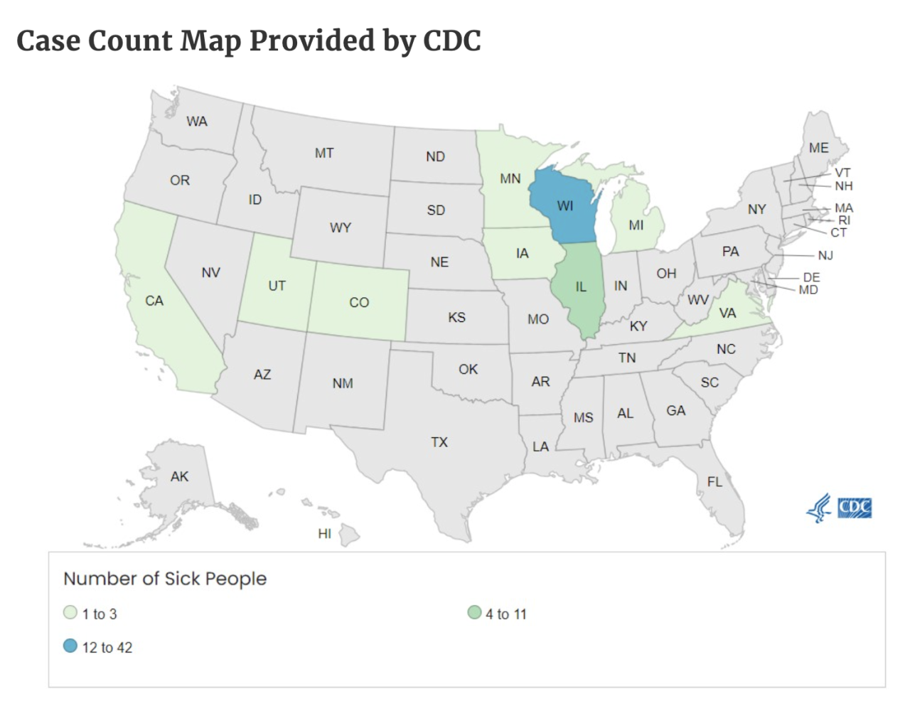 Case Count Map Provided by CDC_Milo's egg farm salmonella