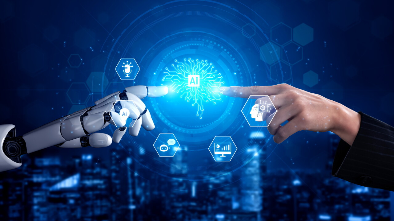 AI and human reaching out to one another.