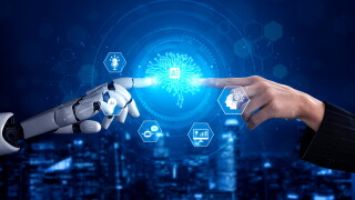 AI and human reaching out to one another.