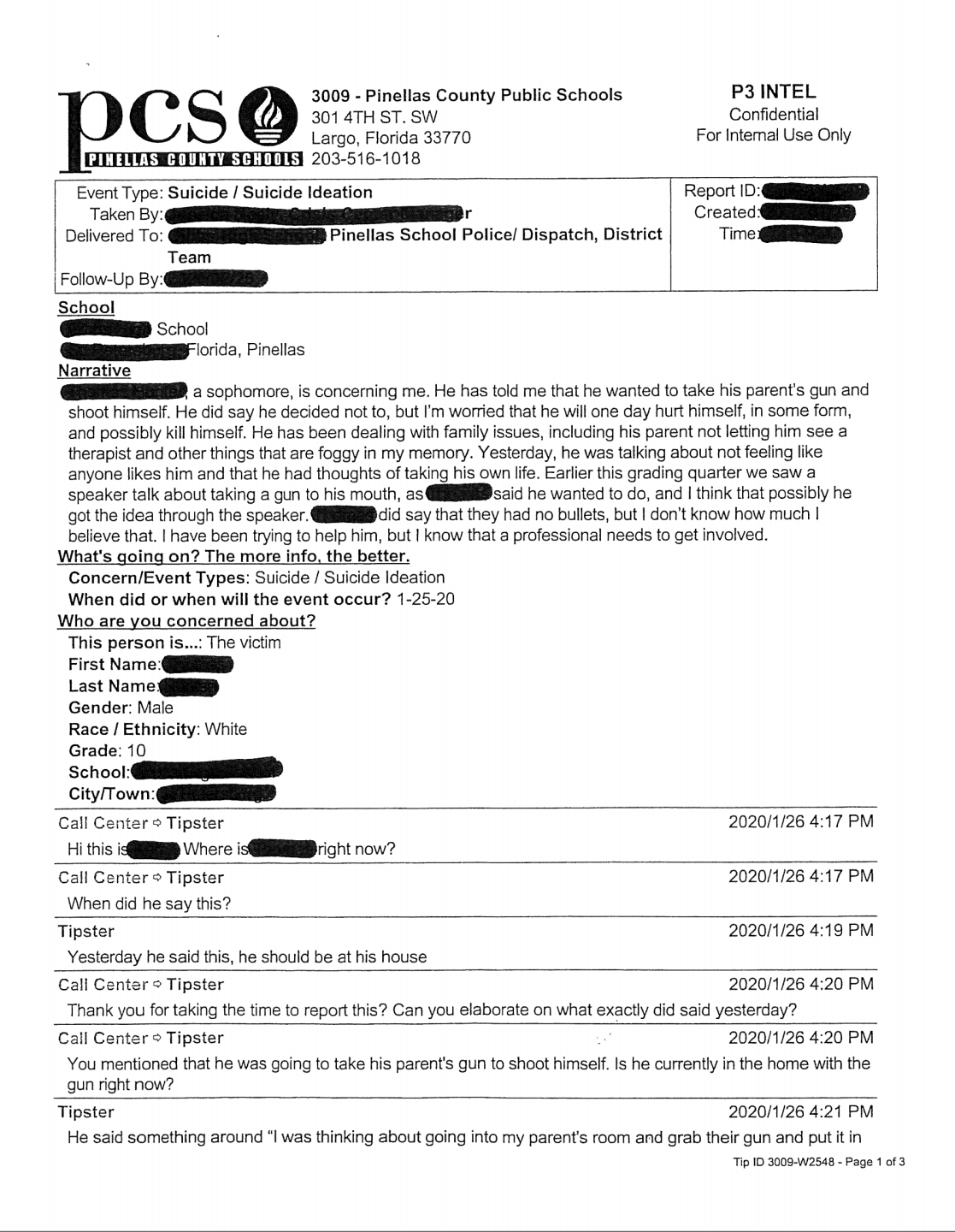 Actual tip submitted through say something, Pinellas County