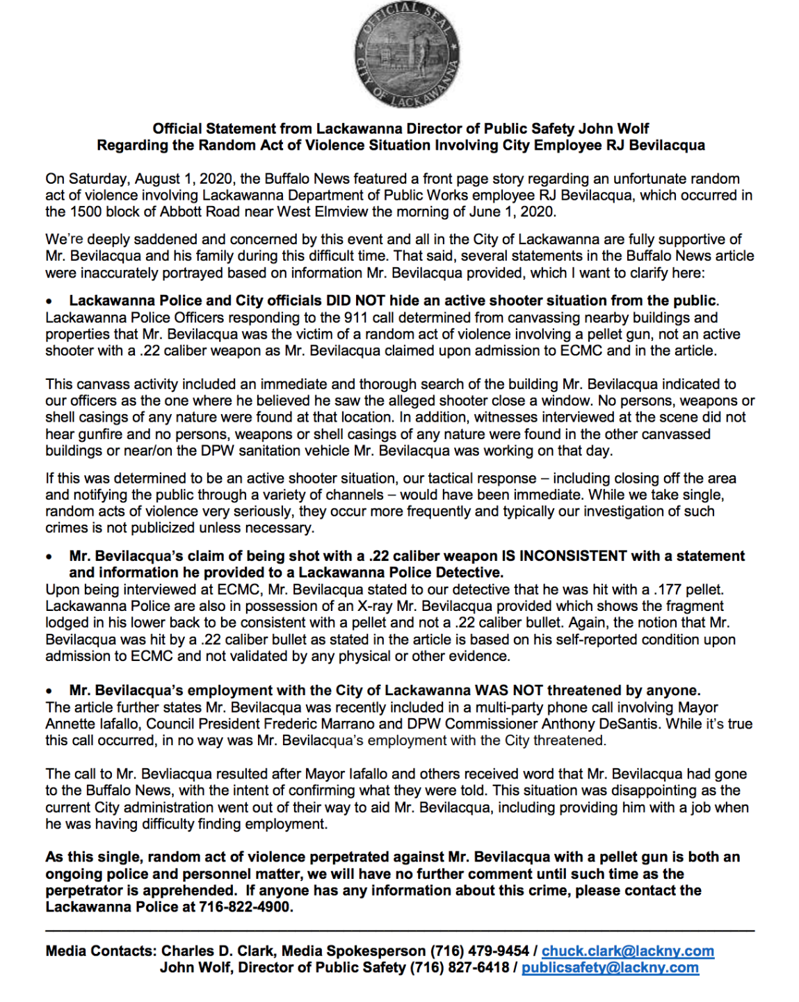 Official Statement from the City of Lackawanna