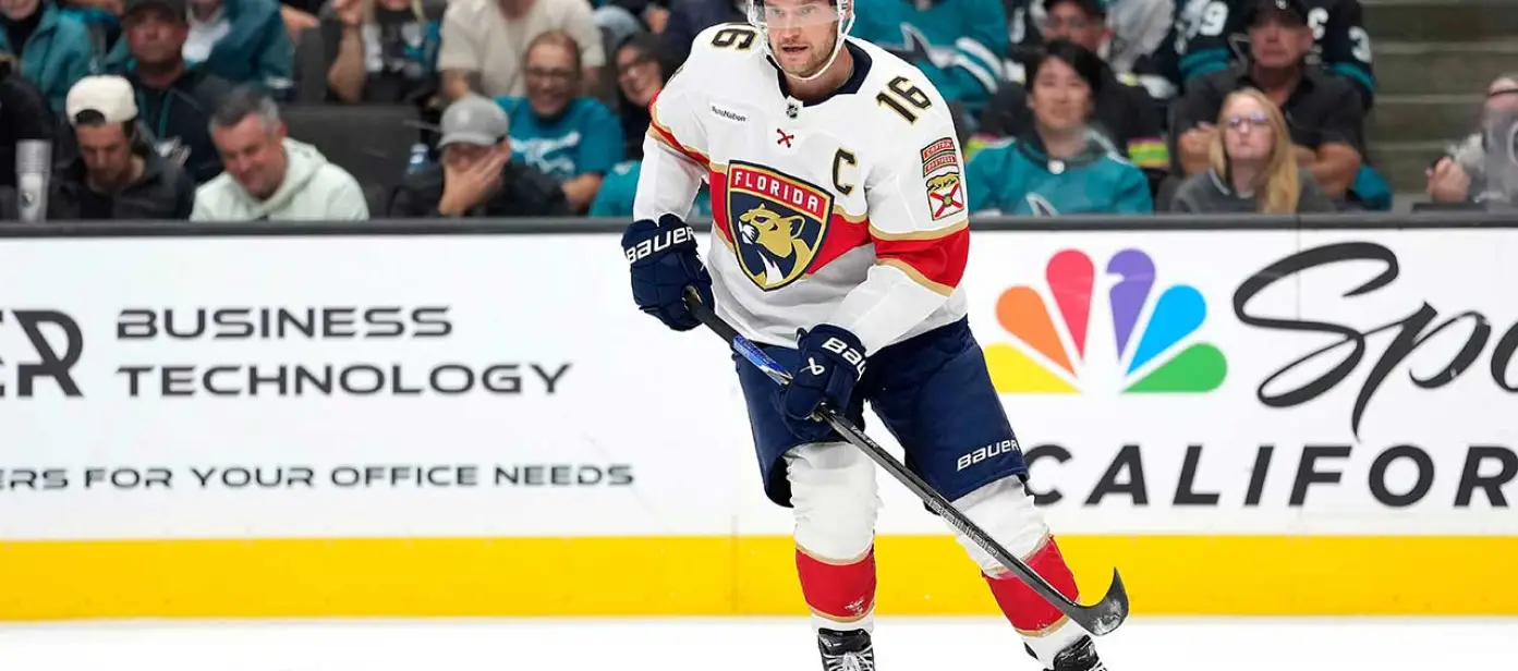 Florida Panthers center Aleksander Barkov skates against the San Jose Sharks during a NHL hockey game in San Jose, Calif., Thursday, Oct. 1, 2026. (AP Photo/Tony Avelar)