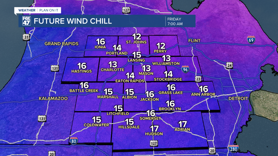 Feels like temperatures fall into the teens Friday morning following Thursday's shower and storm potential