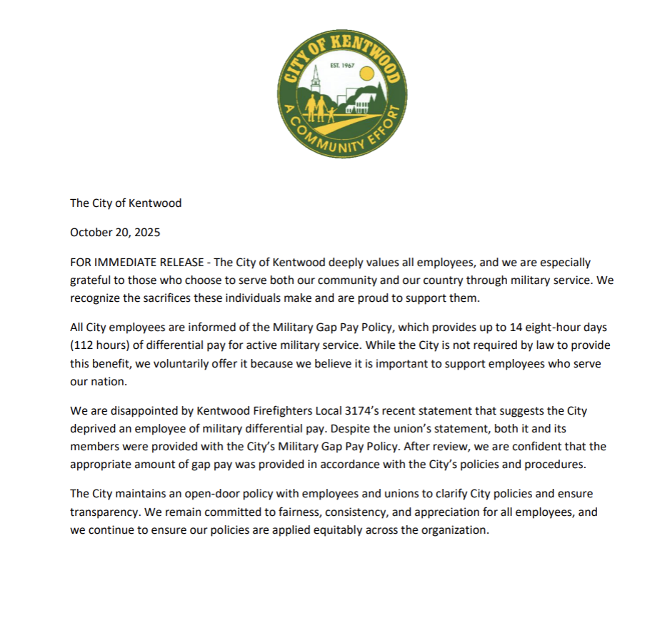 Kentwood response to Military Gap Pay