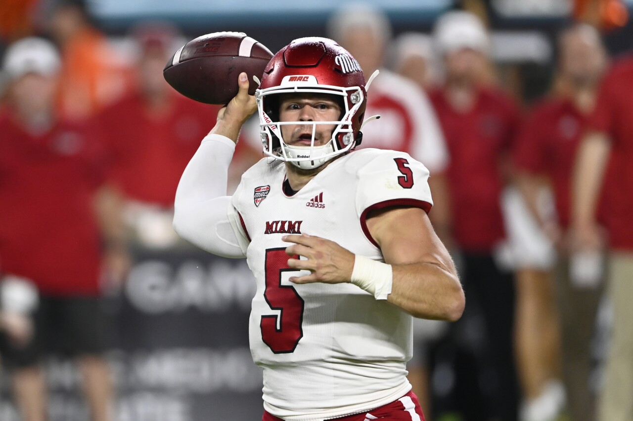 Miami RedHawks QB Brett Gabbert throws at Miami Hurricanes, Sept. 1, 2023