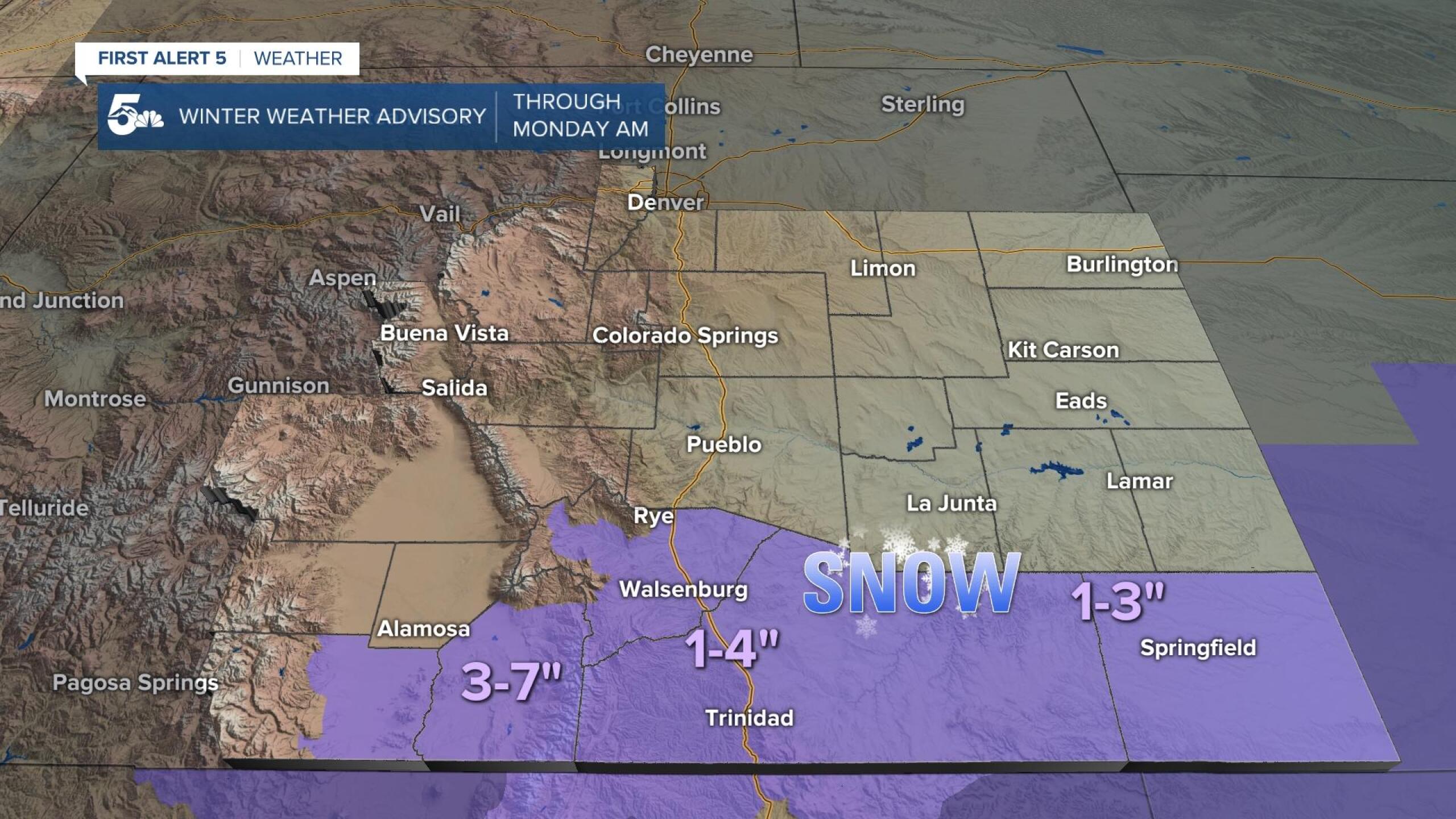Overnight snow and Winter Weather Advisories for parts of Southern Colorado