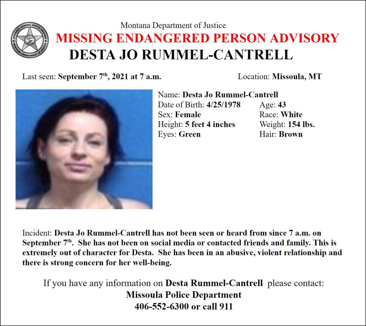 Missing-Endangered Person Advisory has been issued for Desta Jo Rummel-Cantrell