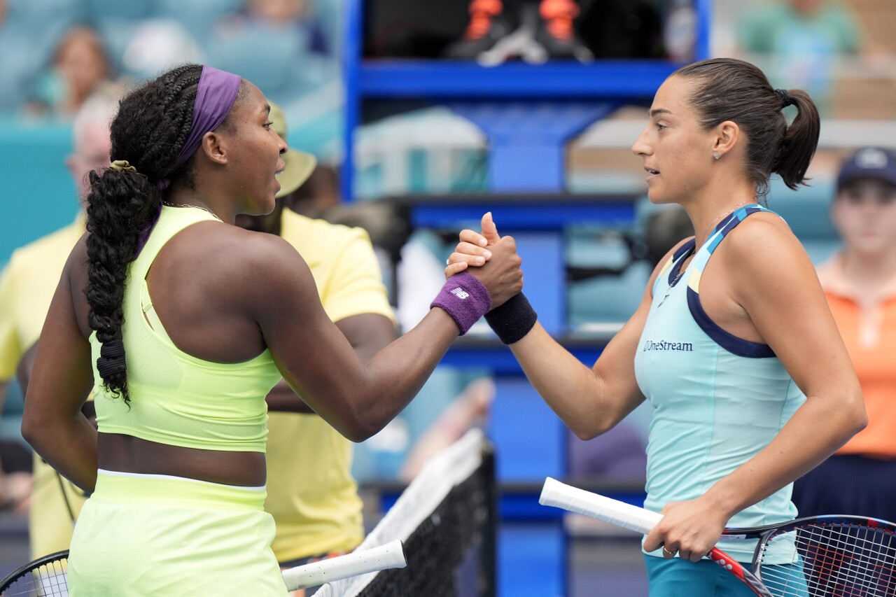 Coco Gauff congratulates Caroline Garcia after losing in Miami Open, March 25, 2024