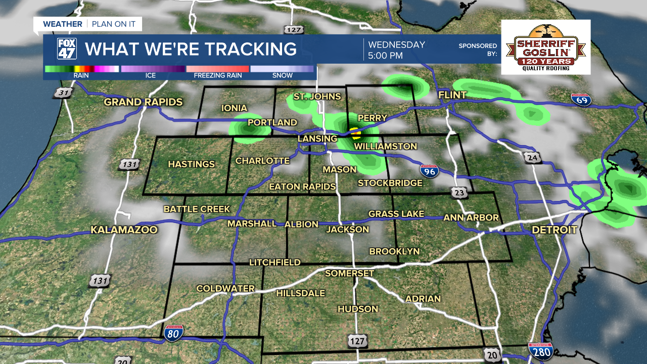 A frontal passage sagging south Wednesday brings low isolated storm potential to Mid-Michigan Wednesday
